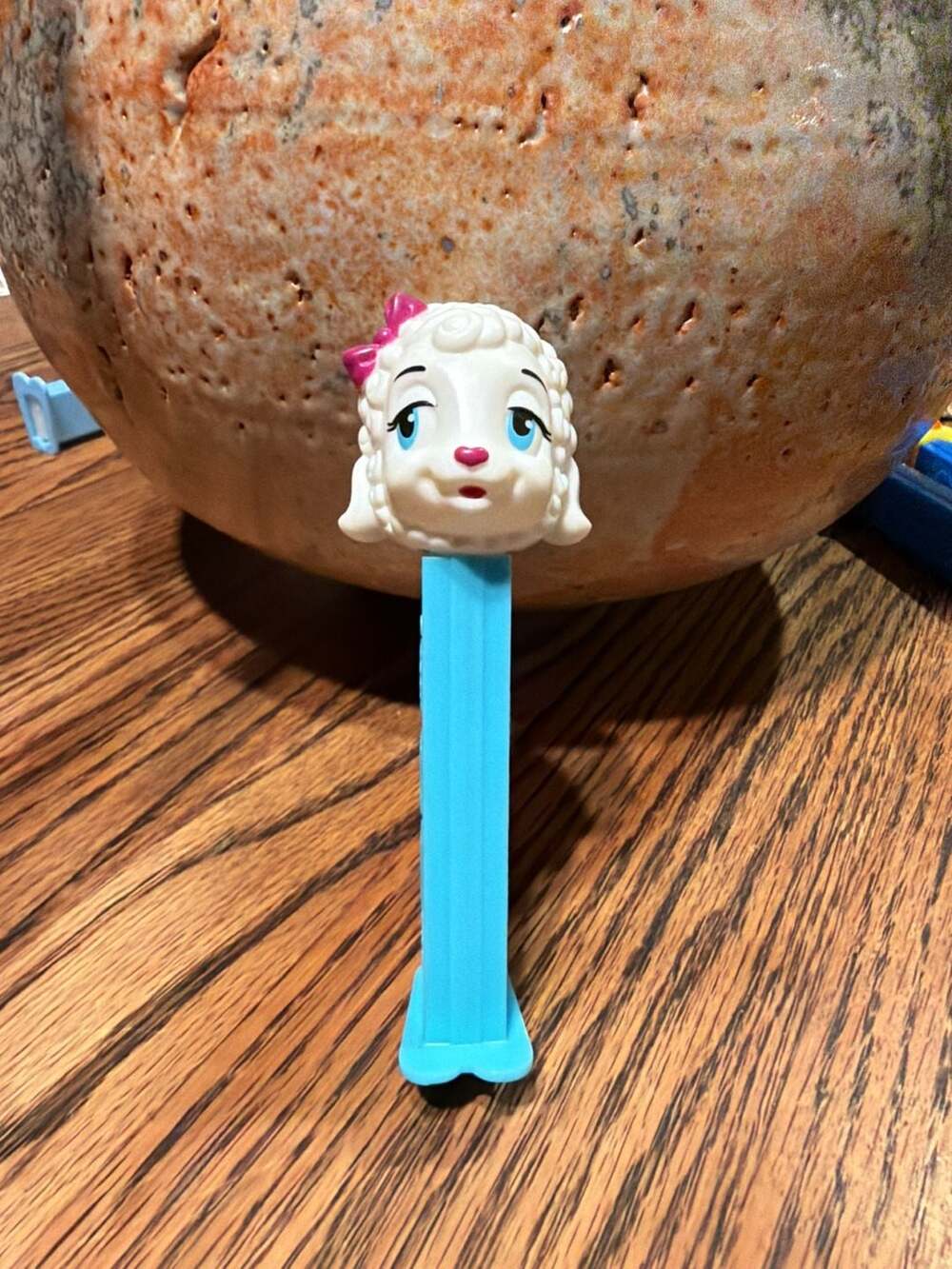 Pez Candy Dispenser Easter Lamb Sheep Blue Stem with Feet and Pink Bow